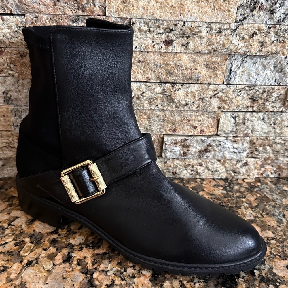 NWOB | Stuart Weitzman Black Leather Ryder Lift Gold Buckle Bootie